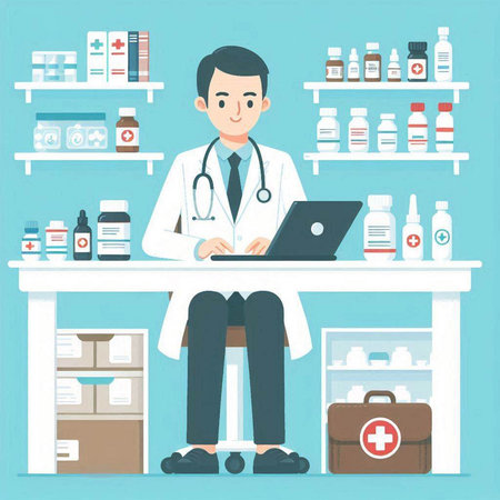 Illustration of a male pharmacist sitting at the table in front of a laptop.のイラスト素材