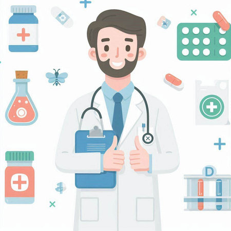 Male doctor with stethoscope and medical icons. Vector illustration.のイラスト素材