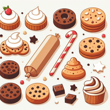 Set of different cakes and cookies on a light background. Vector illustrationのイラスト素材
