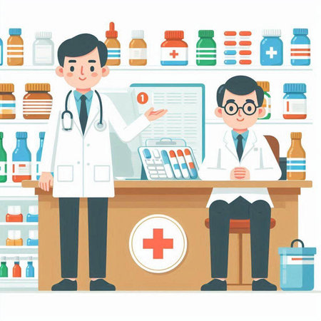 Male pharmacist at counter in drugstore. Flat style vector illustration.のイラスト素材