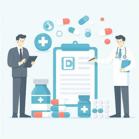 Vector illustration of a doctor with a clipboard and a patient with medical pillsのイラスト素材