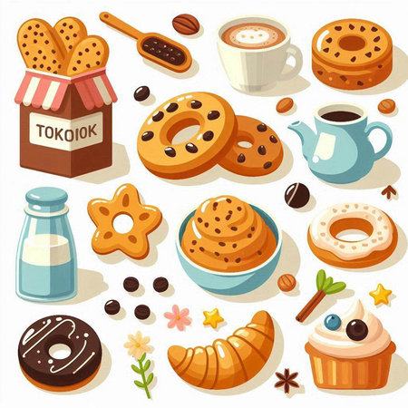 Coffee and pastry icons set. Vector illustration in cartoon styleのイラスト素材