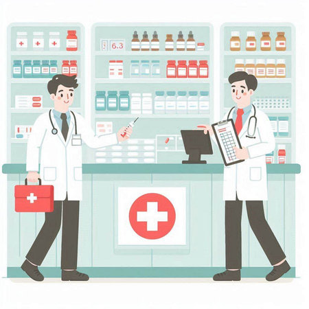 Doctor and pharmacist in the drugstore. Vector illustration in cartoon style.のイラスト素材