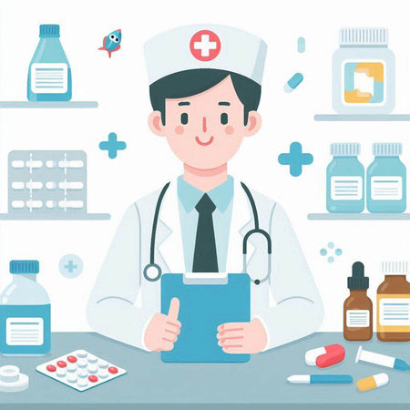 A male doctor holding a clipboard in a hospital, vector illustration.のイラスト素材