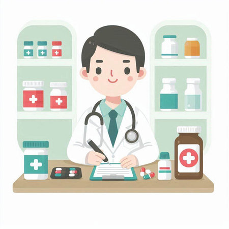 Illustration of a male pharmacist writing a prescription in a pharmacyのイラスト素材