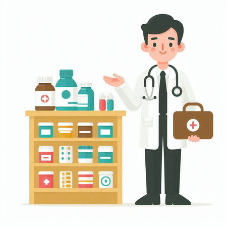 Male doctor standing in front of the medical cabinet. Vector illustration.のイラスト素材
