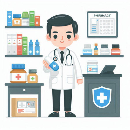 Male pharmacist holding medicine bottle in pharmacy drugstore vector illustration.のイラスト素材