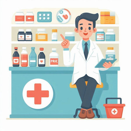Male pharmacist sitting at counter in drugstore. Vector illustration in flat styleのイラスト素材