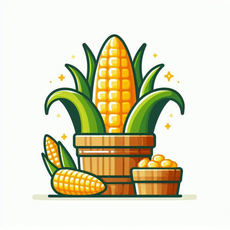 Corn vector illustration. Cute cartoon corn in a wooden barrel. Vector illustration.のイラスト素材