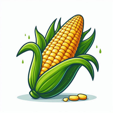 Illustration of a fresh corn cob with leaves on a white backgroundのイラスト素材