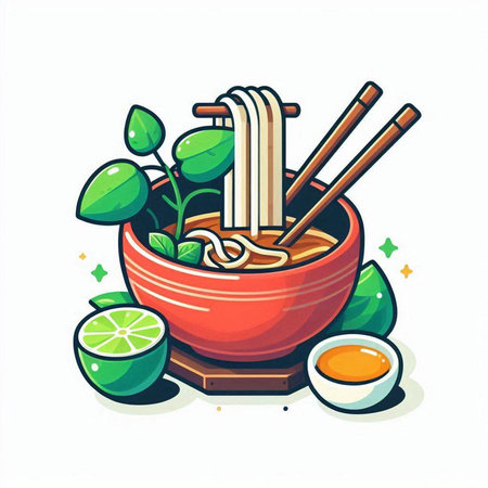Illustration of noodle bowl with chopsticks and lime on white backgroundのイラスト素材