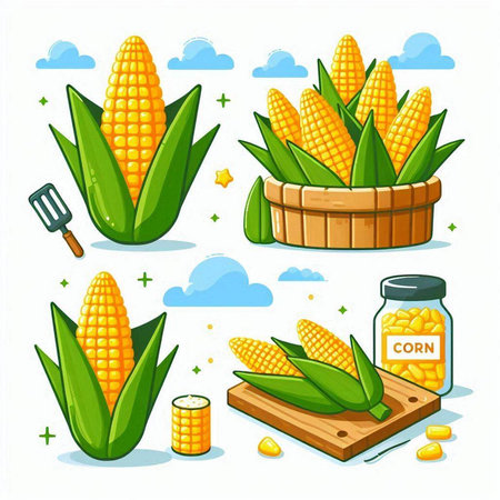 Set of corn on the cob in a basket. Vector illustration.のイラスト素材