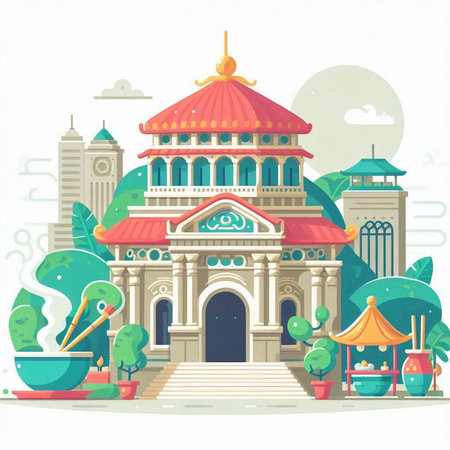 Vector illustration of a building with a temple in the style of Chinese art.のイラスト素材
