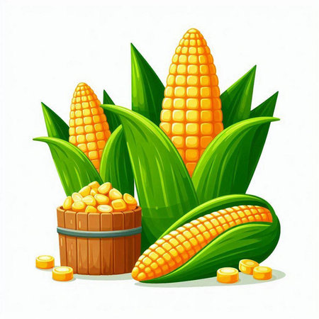 Illustration of corn on the cob with a bucket full of cornのイラスト素材
