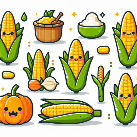 Cartoon corn character set. Vector illustration. Cute corn characters.のイラスト素材