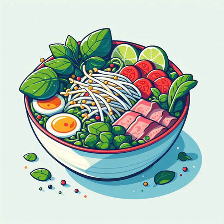 Illustration of a bowl of noodle salad with beef and vegetablesのイラスト素材