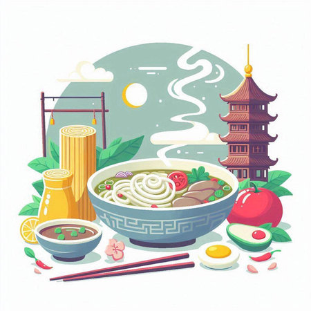 Chinese food vector illustration. Traditional Chinese cuisine. Noodles, noodles, soup, chopsticks, vegetables.のイラスト素材
