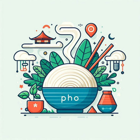 Noodles in a bowl. Oriental cuisine. Vector illustration.のイラスト素材