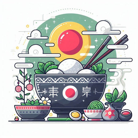 Vector illustration of japanese food, rice bowl and chopsticks.のイラスト素材