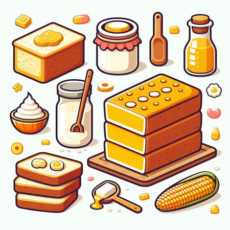 Illustration of different types of bread, butter, honey, butter, corn, cream, milk and other productsのイラスト素材