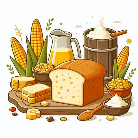 Illustration of a piece of bread, corn, milk and other ingredientsのイラスト素材
