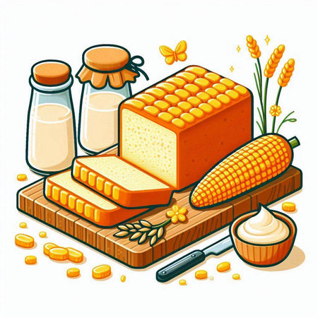 Illustration of a set of products for the preparation of bread.のイラスト素材