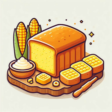 Illustration of a piece of bread with butter and corn on the cobのイラスト素材