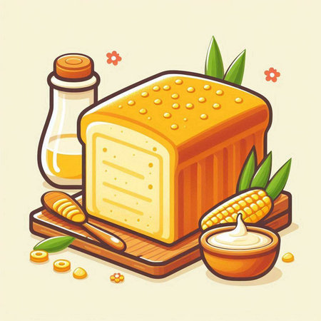 Vector illustration of bread with butter, honey and corncob.のイラスト素材