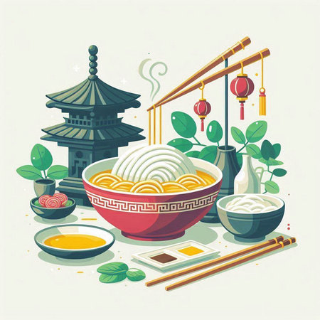 Illustration of japanese noodle in bowl with chopsticksのイラスト素材