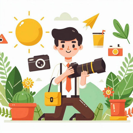 Photographer man with camera. Vector illustration in flat cartoon style.のイラスト素材