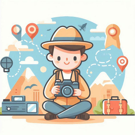 Tourist man with camera. Vector illustration in flat design style.のイラスト素材