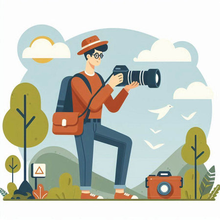 Photographer with a camera on the background of nature. Vector illustrationのイラスト素材