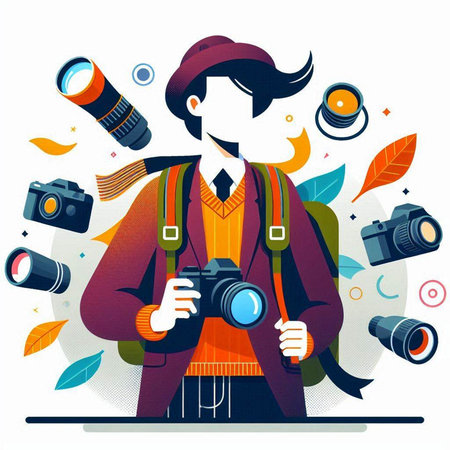 Photographer with camera and binoculars. Vector illustration in flat styleのイラスト素材