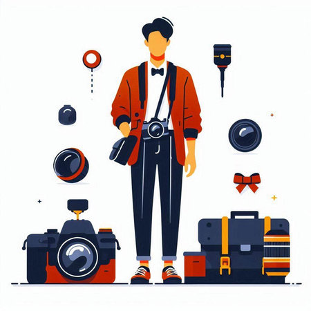 Photographer with camera and accessories. Vector illustration in flat style.のイラスト素材