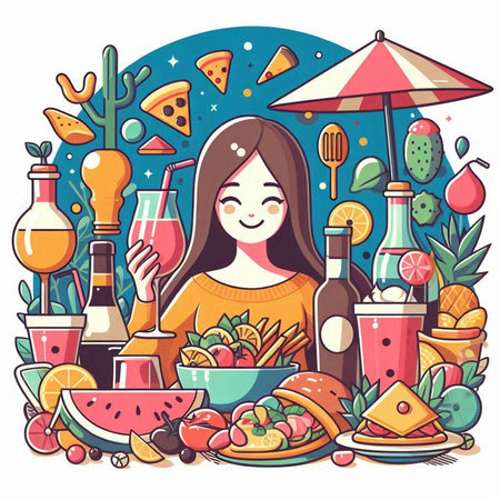 Vector illustration of a girl with a cocktail in her hands, surrounded by food.のイラスト素材