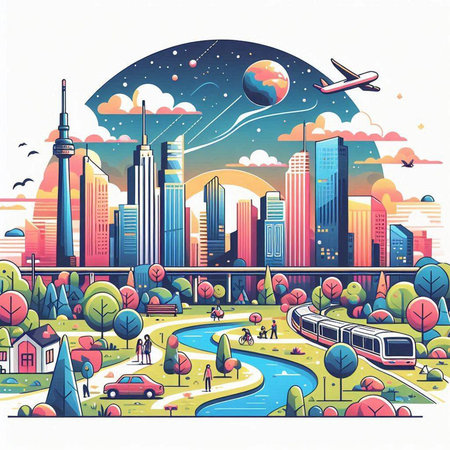 City landscape with skyscrapers, trees, train and sky. Vector illustration.のイラスト素材