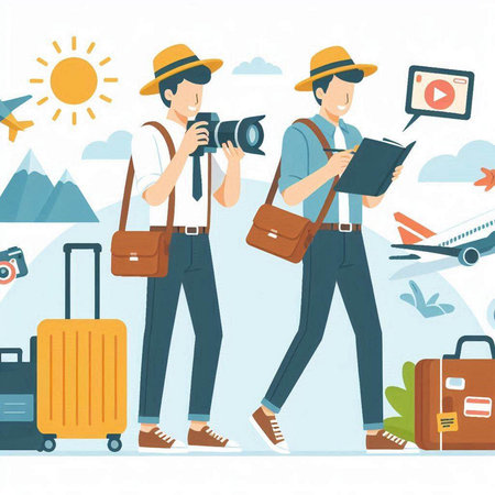 Traveler man with camera and bag. Vector illustration in flat styleのイラスト素材