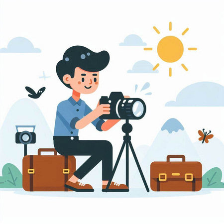 Photographer with camera and briefcase. Vector illustration in flat styleのイラスト素材