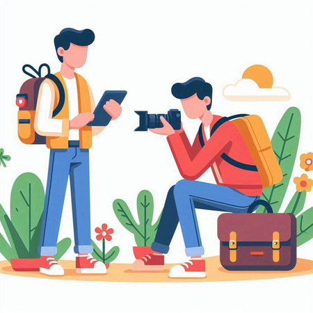 Photographer with camera and backpack. Vector illustration in flat style.のイラスト素材