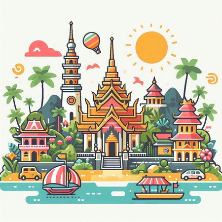 Thailand travel background with famous landmarks in flat style. Vector illustrationのイラスト素材