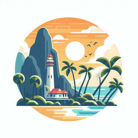 Lighthouse in the middle of the sea. Vector illustration in flat style.のイラスト素材