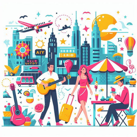 Traveling people with luggage in city, summer vacation concept, flat vector illustration.のイラスト素材