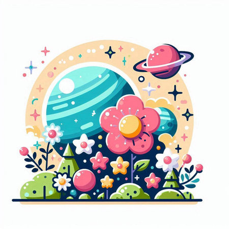Cute cartoon illustration of planets, stars, flowers and flowers.のイラスト素材