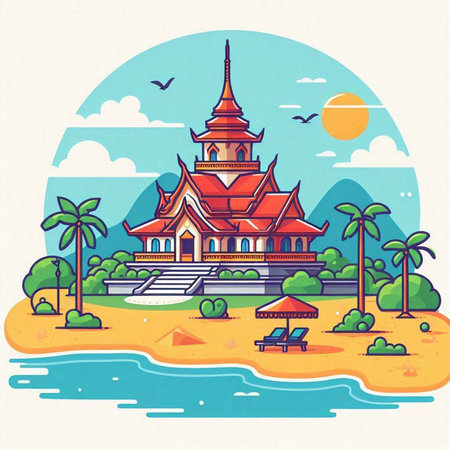 Thai temple with palm trees and sea. Vector Illustration.のイラスト素材