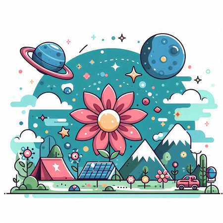 Vector illustration of a landscape with solar panels, mountains, sun, flowers and planetsのイラスト素材