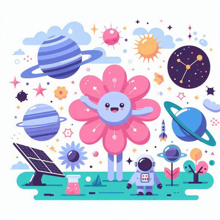 Vector illustration of cute cartoon character with solar system, planets, stars, sun, rocket, moon and other space objects.のイラスト素材