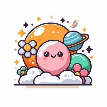 Cute kawaii planet in the clouds. Vector illustration.のイラスト素材