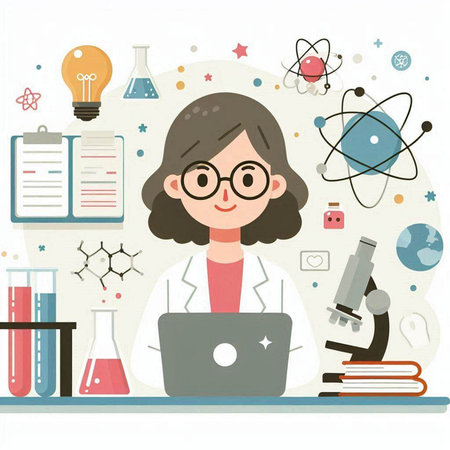 Scientist woman working with laptop in laboratory. Flat design vector illustration.のイラスト素材