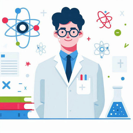 Vector illustration of a male scientist in a white coat and glasses. Flat style design.のイラスト素材