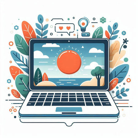 Laptop on a background of nature. Flat design vector illustration.のイラスト素材
